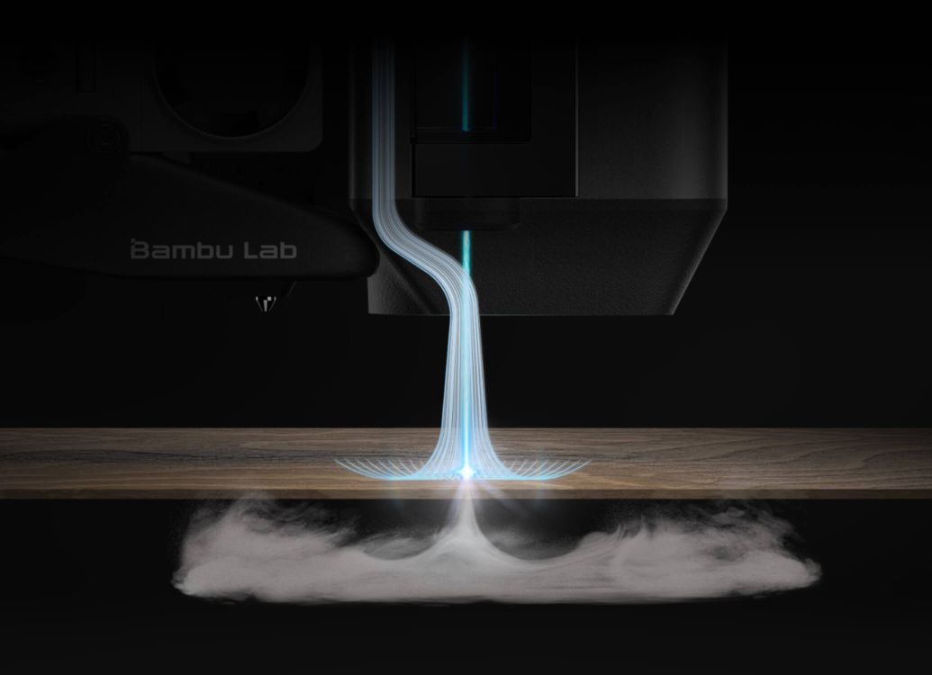 Схема, що ілюструє функцію повітряної підтримки, яка видаляє дим з лазерного різу