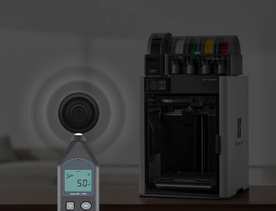 3D-принтер Bambu Lab H2S з п'ятьма датчиками полум'я, вогнестійкою камерою та кнопкою аварійної зупинки. Зображення ілюструє, як активне шумозаглушення знижує рівень шуму до 50 дБ, забезпечуючи комфортну роботу.