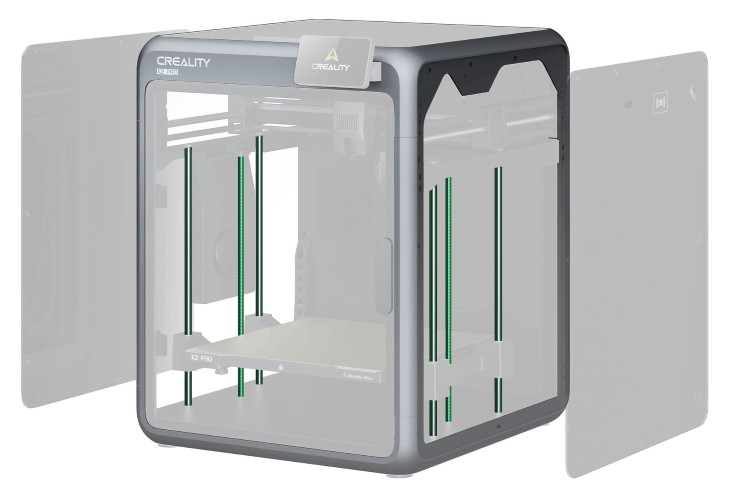 Система двойной оси Z с четырьмя линейными стержнями на Creality K2 Pro. Иллюстрация системы двойной оси Z, стабилизированной четырьмя линейными стержнями.