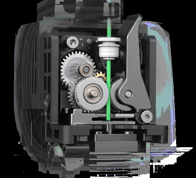 Прочная система экструзии с прямым приводом на Creality K2 Pro. Крупный план компонентов прочного экструдера с прямым приводом.