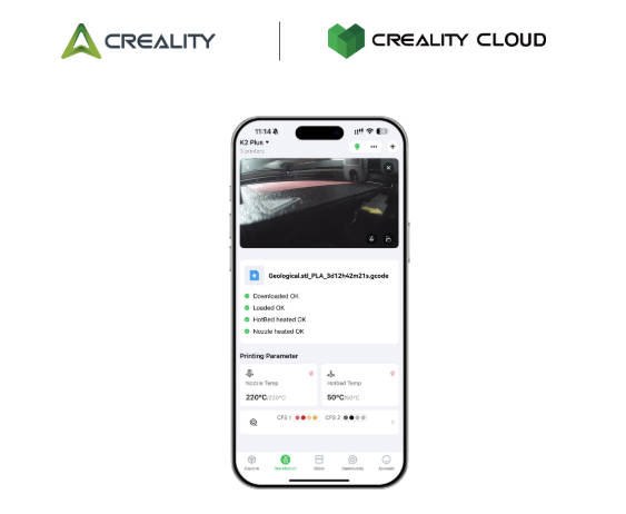 Подключение к Creality Cloud. Иллюстрация, показывающая приложение Creality Cloud на телефоне и ПК.