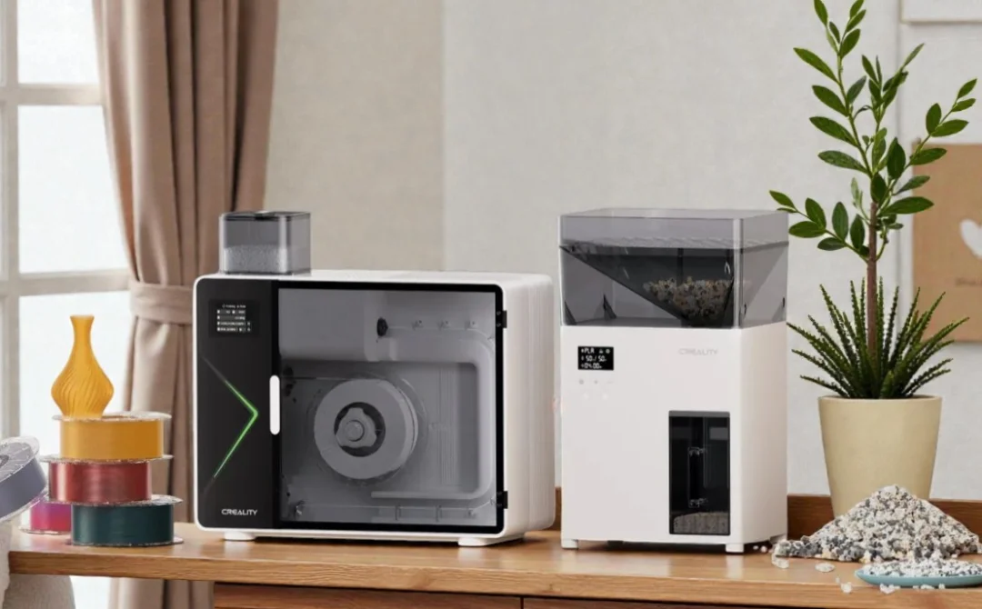 Creality Filament Recycling System: Maker M1 Extruder and Shredder R1 Creality desktop recycling setup: Filament Maker M1 extruder (left) for spooling and Filament Shredder R1 (right) for material processing