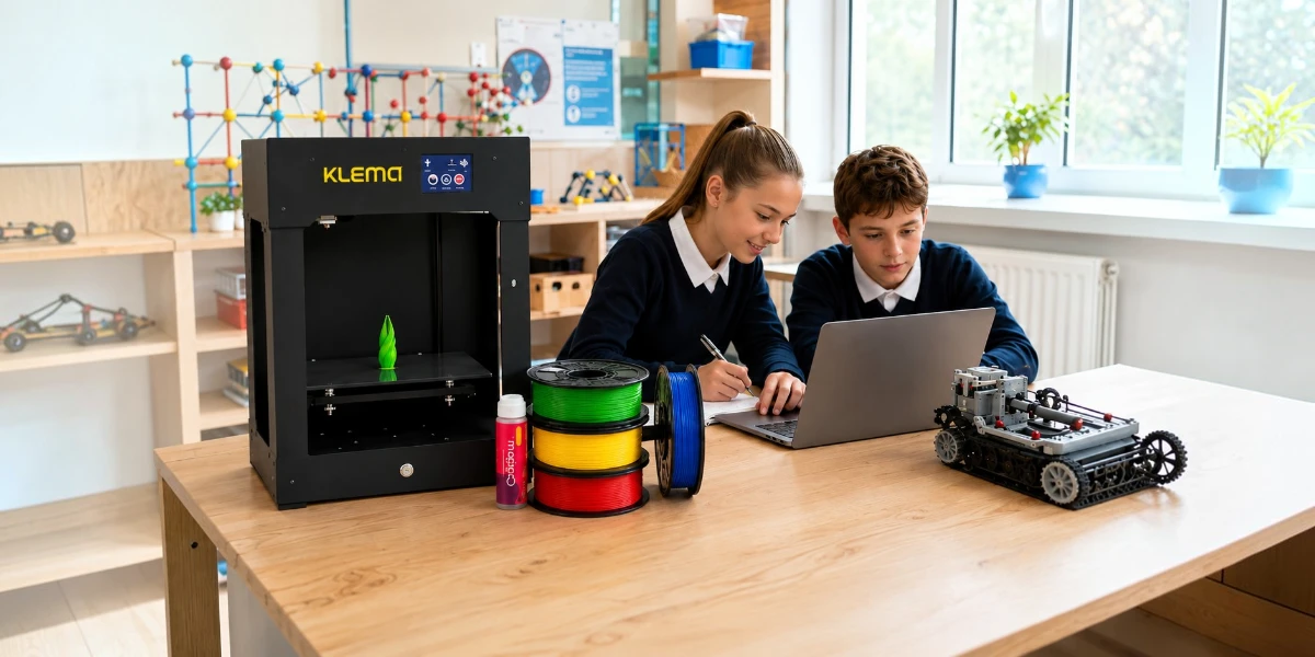 Школьники работают с образовательным 3D-принтером KLEMA School и ноутбуком в учебном заведении.