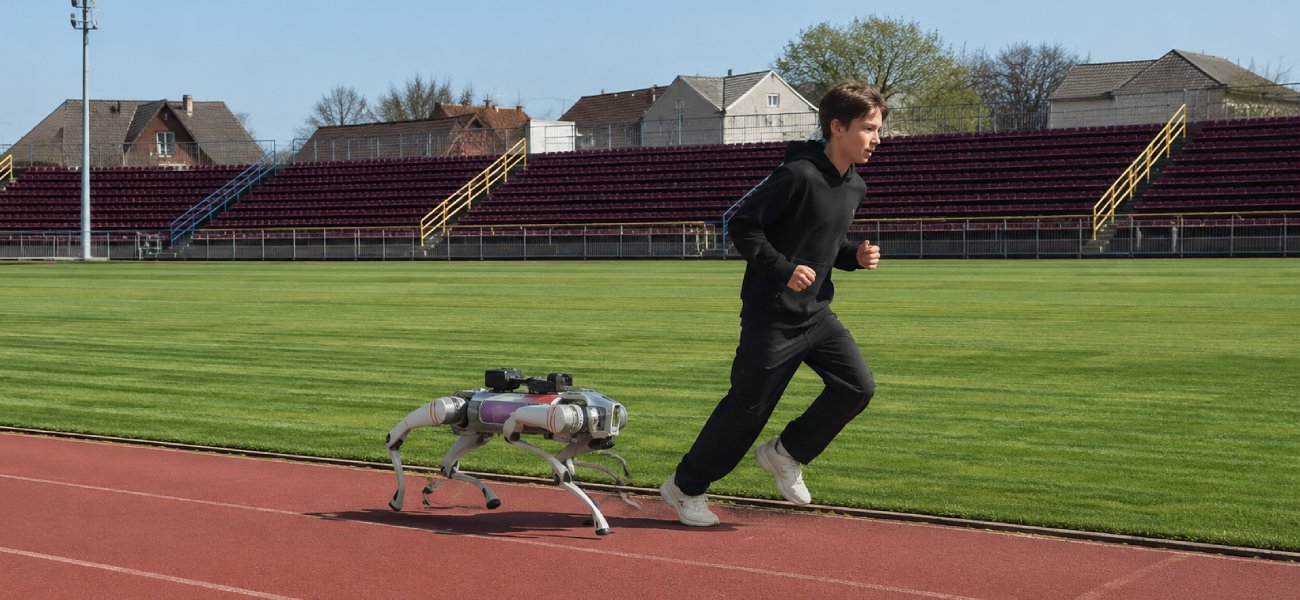 Unitree Go2 Edu Start Package Go2 robot-dog running on the stadium