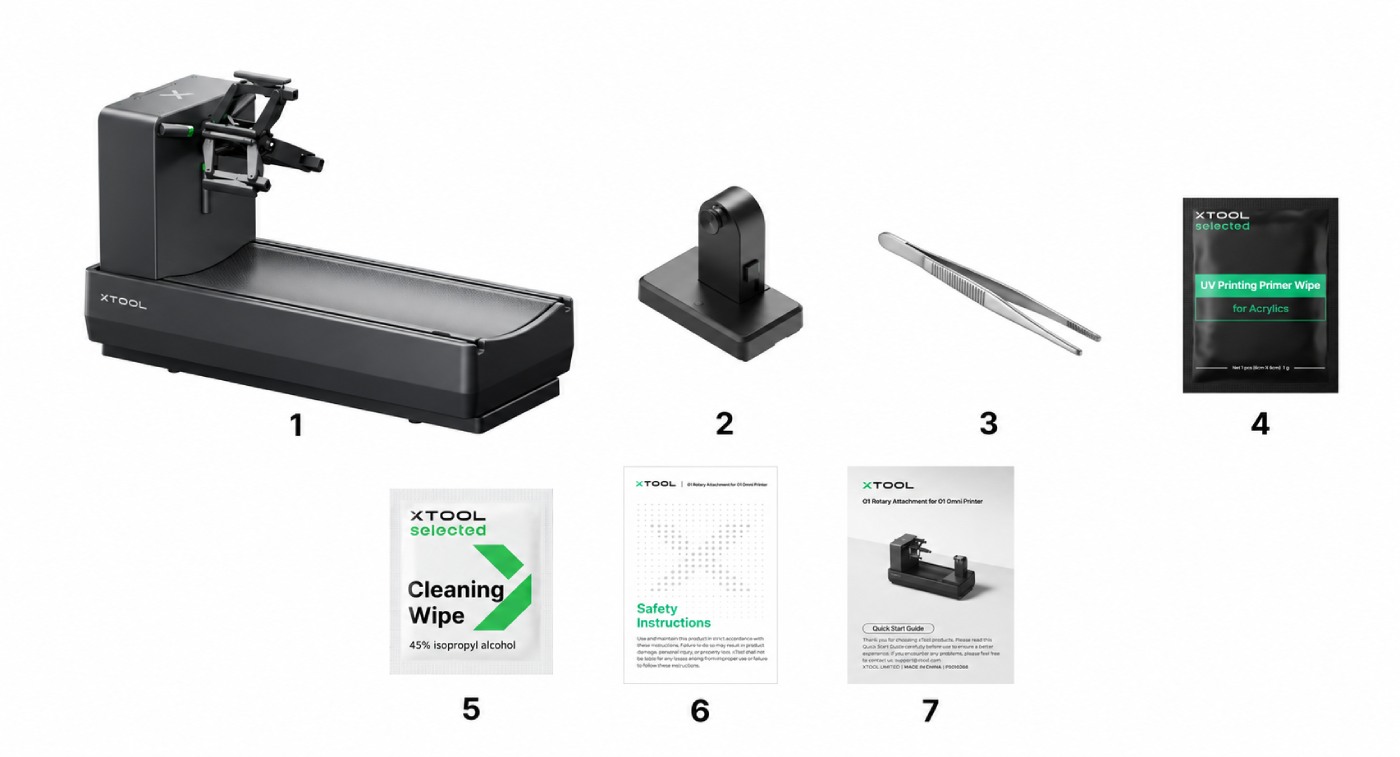 Комплектация поворотного модуля xTool OR1 для принтера O1 Omni: задняя опора, пинцет, салфетки и инструкции.